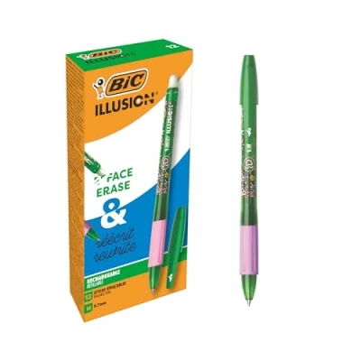 Imagen de BIC Illusion Bolígrafos Borrables y Recargables de Punta Media (0,7 mm) Tinta Verde, Caja 12