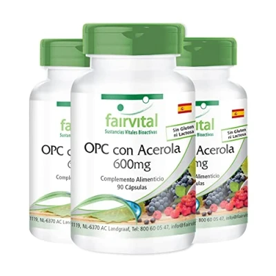 Imagen de Fairvital OPC 600mg con Vitamina C de Extracto Semilla Uva + Acerola VEGANO Dosis elevada 270 Cápsulas (90 x 3) Calidad Alemana
