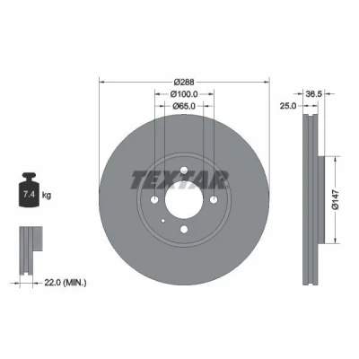Imagen de TEXTAR 92302303 Disco de freno 288 25 04/05 100 ventilación externa revestido sin perno sujeción rueda, buje rueda