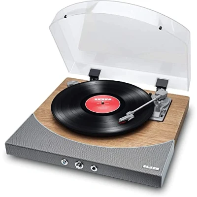 Imagen de ION Audio Premier LP Tocadiscos de vinilo Bluetooth, 3 velocidades, altavoces estéreo, salida USB para convertir vinilos a formato digital, salidas auriculares y RCA, acabado en madera natural
