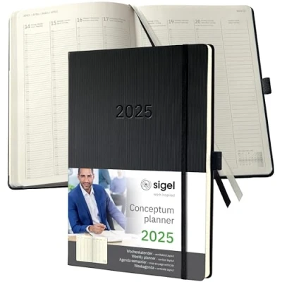 Imagen de SIGEL C2518 Conceptum Agenda semanal 2025, diseño vertical, A4+, negro, tapa dura, dos páginas = una semana, 192