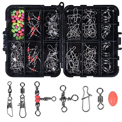 Imagen de Jinlaili 140PCS Kit de Accesorios Pesca, Broches Giratorios Barril Pesca Giratorio, Conectadores Emerillones, Rodamiento Bolas Giratorio Snap Barrel Clips, Cuentas