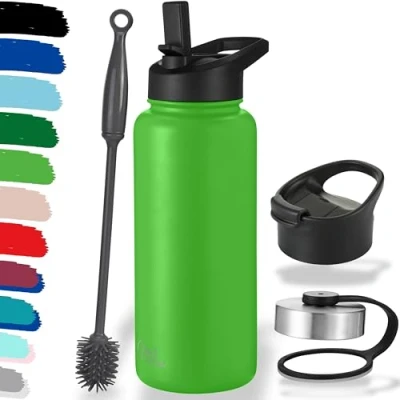 Imagen de Milu botella de agua acero inoxidable, 500, 750, 1000ml (+3 tapas), termo con pajita, aislada, aislante a prueba fugas, apta para ácido carbónico (verde manzana 1000ml)