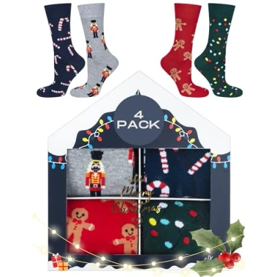 Imagen de soxo Navidad Calcetines Mujer Algodon Regalos Originales Para Hombre Divertidos 40 45 4 Pares Caja Navideña 3
