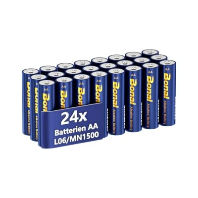 Imagen de BONAI Longlife Pilas alcalinas AA (24 unidades, 1,5 V, Mignon LR06, potente, ideal para despertadores, termómetros, lámparas decorativas y otros dispositivos con altas necesidades energéticas)