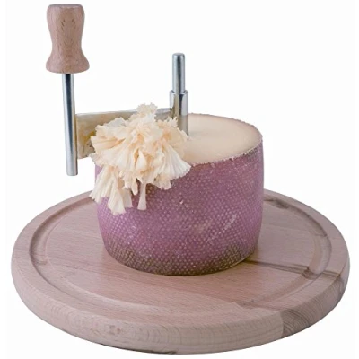 Imagen de Cortadora de queso APS con tapa, Ø 22cm, H: 15cm, madera haya, acero inoxidable, corta en rodajas finísimas los floretes quesos duros como el Tête Moine