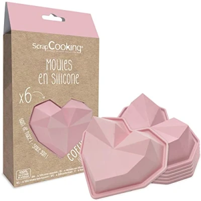 Imagen de ScrapCooking 2912 Juego de 6 moldes silicona con forma 3D para tartas corazón, individuales flexibles, aptos horno y lavavajillas