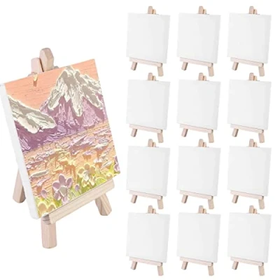 Imagen de Mini Lienzos con Caballete de Madera: 12 Piezas Portatil Lienzos, Lienzo Caballete, Caballetes Set para Pinturas Óleo y Acrílico, Niños, 10X10cm