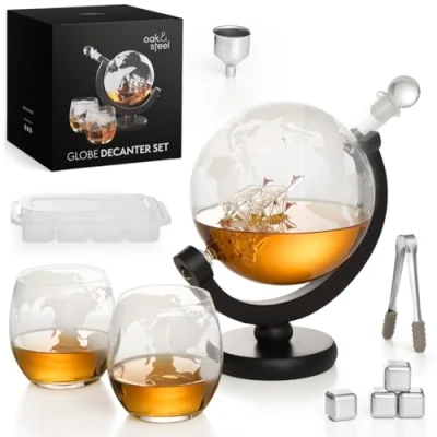 Imagen de Oak &amp; Steel Juego Decantador de Whisky Globo Prima Cristal mas Set 2 Vasos con en Grabado Y Piedras Capacidad 1.5 Litros