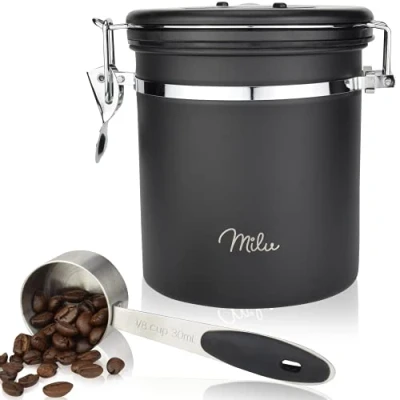 Imagen de Milu Bote para guardar 500g, 700g Café hermetico acero inoxidable, tarro de hermético con cuchara, Recipiente al Vacío Granos (Negro, 500g)