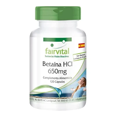 Imagen de Fairvital Betaína HCl 650mg Dosis elevada Clorhidrato de Enzima digestiva VEGANA 120 Cápsulas Calidad Alemana