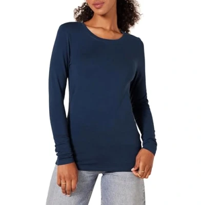 Imagen de Amazon Essentials Camiseta de Cuello Caja, Manga Larga y Ajuste Clásico (Disponible en Tallas Grandes) Mujer, Azul Marino, XS