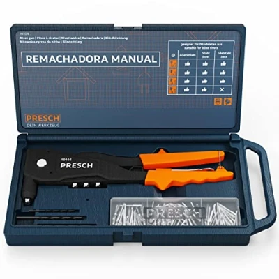 Imagen de PRESCH Set de Remachadora Manual con 79 piezas en el maletín Inc. 75 remaches ciegos, brocas HSS a juego y llave montaje calibre todo incluido tenazas remachadoras