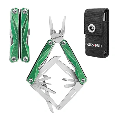 Imagen de Swiss+Tech Alicates Multiusos 16 en 1, Multifunción, Herramienta Multifuncional Plegable de Acero Inoxidable con Sierras Destornillador Lima para Camping Senderismo (Verde)