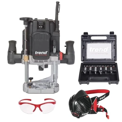 Imagen de Trend T14 Kit de Inicio Definitivo para Fresado, T14EK/EU Fresadora Inmersión Velocidad Variable (2300W, 12mm, 230V), Juego 6 Fresas Máscara y Gafas, T14/START/SET/E