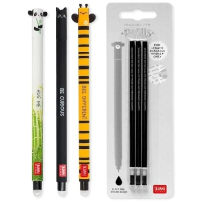 Imagen de LEGAMI Set de 3 bolígrafos gel borrables + recambios negros, con tinta borrable termosensible, gama diseños cuerpo, punta 0,7 mm color, diseño panda, gato y abeja