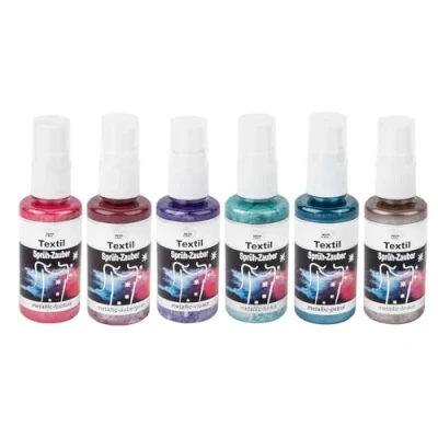 Imagen de Ideen mit Herz Pintura textil en spray, 6x 50 ml altamente pigmentada alto brillo para textiles claros y oscuros a base de agua (Set 2 fucsia, turquesa, violeta, petróleo, berenjena, marrón)