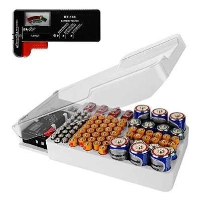 Imagen de Linkidea Estuche Organizador de baterías, Caja Almacenamiento baterías con probador, Capacidad para 93 Varios tamaños Pilas AAA, AA, 9 V, C, D y botón