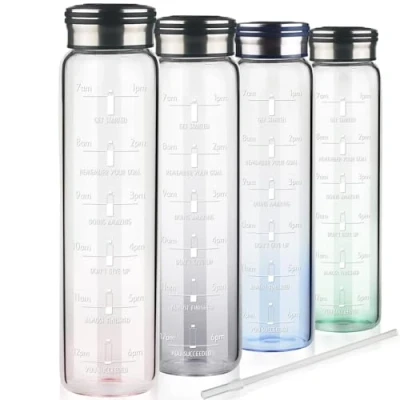 Imagen de Cleesmil botella de cristal 1 l, agua motivadora con pajita y marcadores tiempo, litro funda neopreno, apta para ácido carbónico