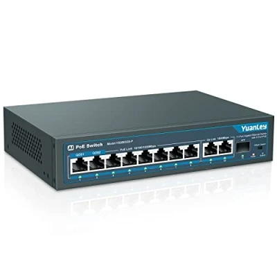 Imagen de YuanLey 11 Puertos PoE Gigabit Switch, 8 PoE+, 2 Uplink, 1 Puerto SFP, 120W 802.3af/at, Metal, Qos, Conmutador Ethernet de Detección Inteligente AI Plug and Play no Administrado