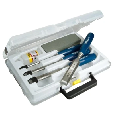 Imagen de STANLEY 0 16 130 Cincel para Madera ABS, Mango de Polipropileno, Protección la Hoja, Hoja Acero Forjado, Maletín Transporte, Juego 4 Piezas 6, 12, 18 y 25 mm, Formón