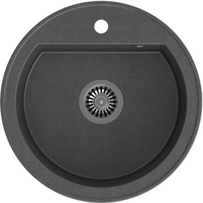 Imagen de QUADRON fregadero de cocina redondo tamaño 51 x 18 cm, diámetro 43, negro y acero granito JOHNNY 210 empotrado con orificio para grifo un seno