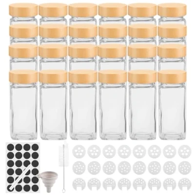 Imagen de Withosent 24pcs Botes Especias Cristal, 120ml Hermeticos Tarros Cristal con Tapa de Madera Rosca, Frascos Especiarias Cuadrados, Spice Jars Tamiz, Etiquetas, Embudo