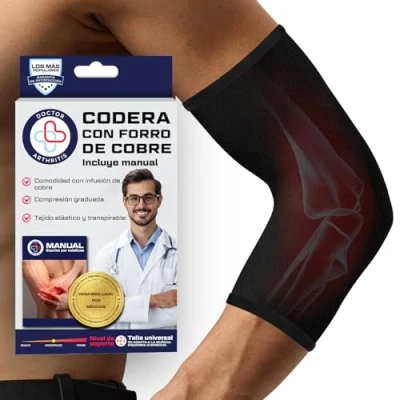 Imagen de Codera Epicondilitis con Cobre Desarrollada por Médicos para Codo Tenista y Golfista Hombre Mujer Incluye Libro Manual de Rehabilitación Escrito Médico [Talla S, 1 Unidad]