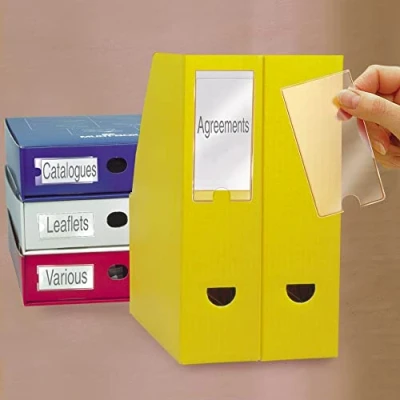 Imagen de Djois by 3L Es 10325 Pack de 12 Porta etiquetas autoadhesivas, identificación archivadores, cajones, estanterías tarjetas blancas para rotular incluidas 35 x 102 mm