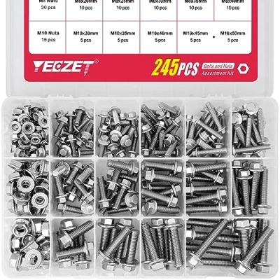 Imagen de Kit de Pernos y Tuercas con Brida 245 Piezas M6 M8 M10 Alta Resistencia, Fabricado en Acero Inoxidable 304. Incluye 15 Tamaños Más Comunes.