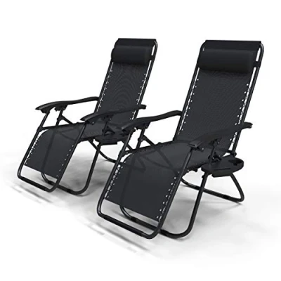 Imagen de VOUNOT Set de 2 Tumbona Plegable Multiposicione Jardín, Silla Gravedad Cero Reclinable, con Soporte para Bebidas y Reposacabezas Axtraíble, Carga máxima 120kg, Negro