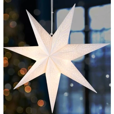 Imagen de BRUBAKER 60 cm Estrella de Navidad Papel para Colgar Adviento LED Decoración Navideña 3D con Función Temporizador Iluminable Batería Blanca