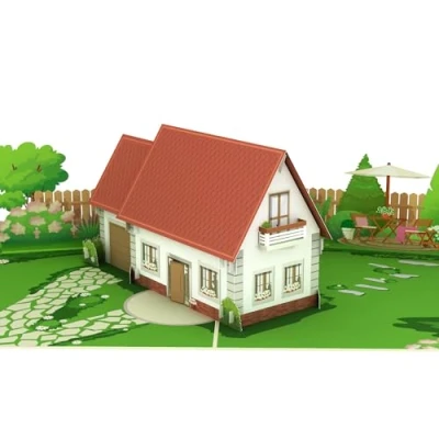 Imagen de MOKIO® Tarjeta Pop Up casa con jardín Cheque regalo 3D para la compra de una o mudanza, Vale emergente inauguración