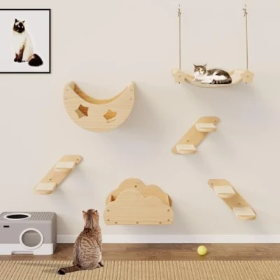 Imagen de YITAHOME gatos pared de escalada, escalada para gatos, juego madera maciza, muebles 6 piezas con 3 escaleras 2 camas 1 hamaca franela