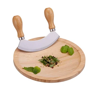 Imagen de Relaxdays Cuchillo Media Luna con Tabla de Cortar, Tajadera para Hierbas, Acero Inoxidable y Bambú, 2 x 20 cm, Marrón, Natural, cm