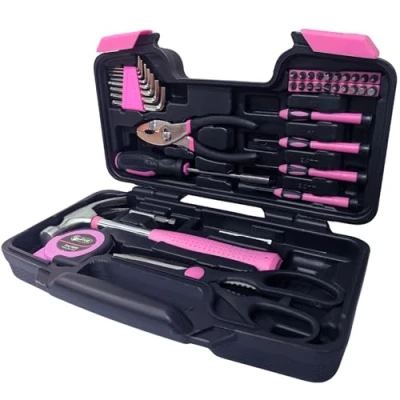 Imagen de Señoras Pink Tool Kit bolsa de herramientas DIY conjunto incluye Martillo Rosa, Rosa alicates destornilladores en Negro Maletín 38pcs