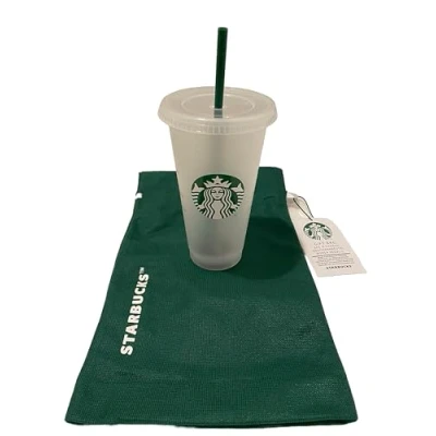 Imagen de STARBUCKS Paquete de 1 bolsa regalo y taza fría esmerilada reutilizable 24 onzas con tapa popote verde tapón