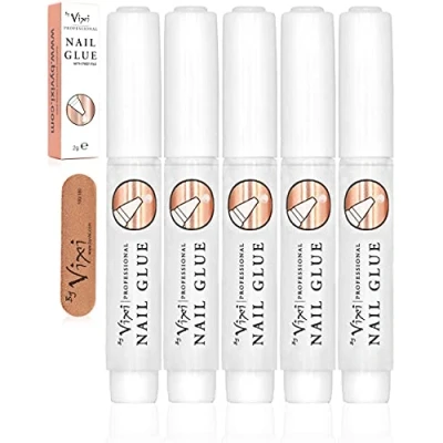 Imagen de 2g x5 By Vixi PEGAMENTO PARA UÑAS ULTRAFUERTE con PINCEL y LIMA de GRATUITA Adhesivo transparente secado instantáneo, calidad salón belleza profesional