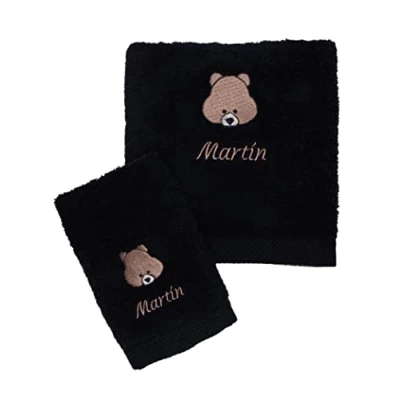 Imagen de CARREDANA Toallas Bordadas Personalizadas con Animales (Personaliza Nombre,Tipo de Letra, Animal y Color).Toallas para guarderia Regalo Personalizado (Toalla Negra)