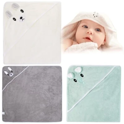 Imagen de Leikurvo 3 toallas con capucha para bebé: 80 x cm, juego de baño bebé, primera equipación, toalla bebé capucha, suave, unisex, regalo recién nacidos (gris, verde claro,