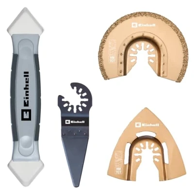 Imagen de Einhell Juego de 4 herramientas para azulejos (accesorios multifunción, sistema Starlock, azulejos, espelador delta, hoja sierra segmentaria, raspador, alisador juntas)