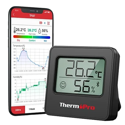 Imagen de ThermoPro TP357 260FT Bluetooth Termómetro, Higrómetro Digital con Monitor Remoto de Temperatura y Humedad APP Inteligente, Termómetro Casa Registros Máximos Mínimos, Negro