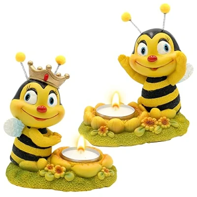 Imagen de Figura Decorativa de Pareja Abejas con portavelas, Juego 2 Unidades, decoración jardín, poliresina, tamaño: 7 x 11,5 12,5 cm Aprox