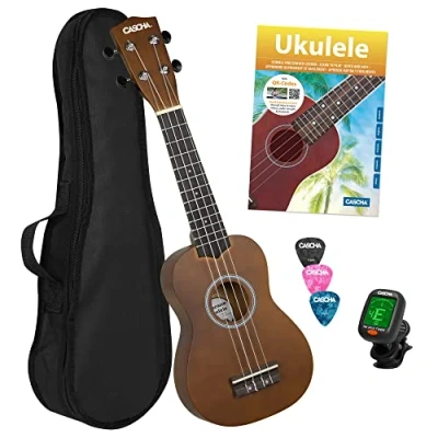 Imagen de CASCHA HH 3956 de Ukulele Soprano con cuerdas AQUILA, bolsa almacenamiento, formación en ukelele alemán (+DVD), afinador y 3 púas