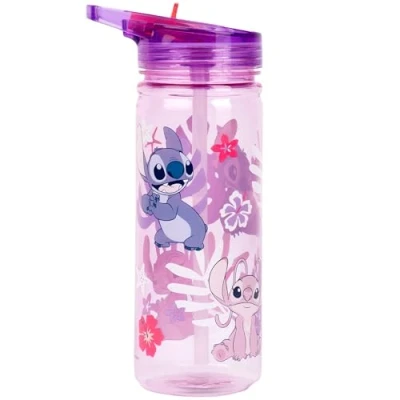 Imagen de Disney Stitch Botella de agua con pajita 580 ml, 100% a prueba fugas, duradera, para escuela, plástico resistente y sin BPA, color rosa