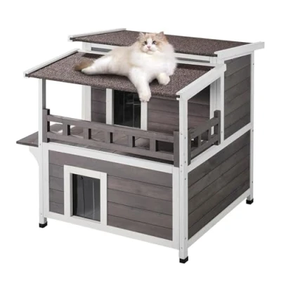 Imagen de VEVOR Casa para Gatos de Exterior 750 x 751 820 mm, Refugio Varios Madera 2 Pisos Resistente a la Intemperie con Balcón, Puertas, Solapas Puerta PVC y Techo Abierto