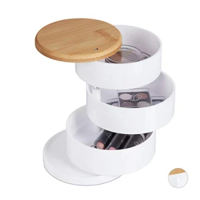 Imagen de Relaxdays Organizador de Maquillaje, Redondo, 3 Compartimientos Giratorios, para Cosméticos, Plástico, Bambú, Blanco
