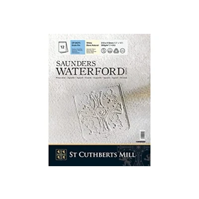 Imagen de ST CUTHBERTS MILL Saunders Waterford, Papel de acuarela para bellas artes, Duro, 300gsm, Bloc pegado 1 lado, 12x16&#039;&#039;, Blanco intenso, 12 hojas