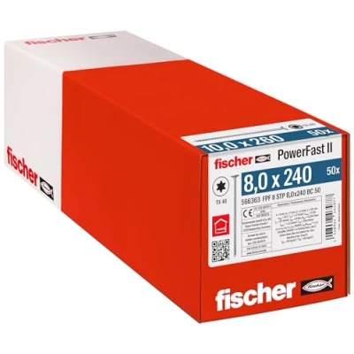 Imagen de fischer PowerFast II 566363 STP Tornillo para madera (8,0 x 240, 50 unidades), color plateado