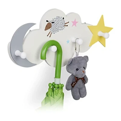 Imagen de Relaxdays Perchero Infantil Nube, Colgador Pared, 5x34,5x5 cm, MDF, Ganchos Guardarropa Niños, Cielo Nocturno, Blanco, Tablero de Fibras, 16,5 x 34,5 5 cm